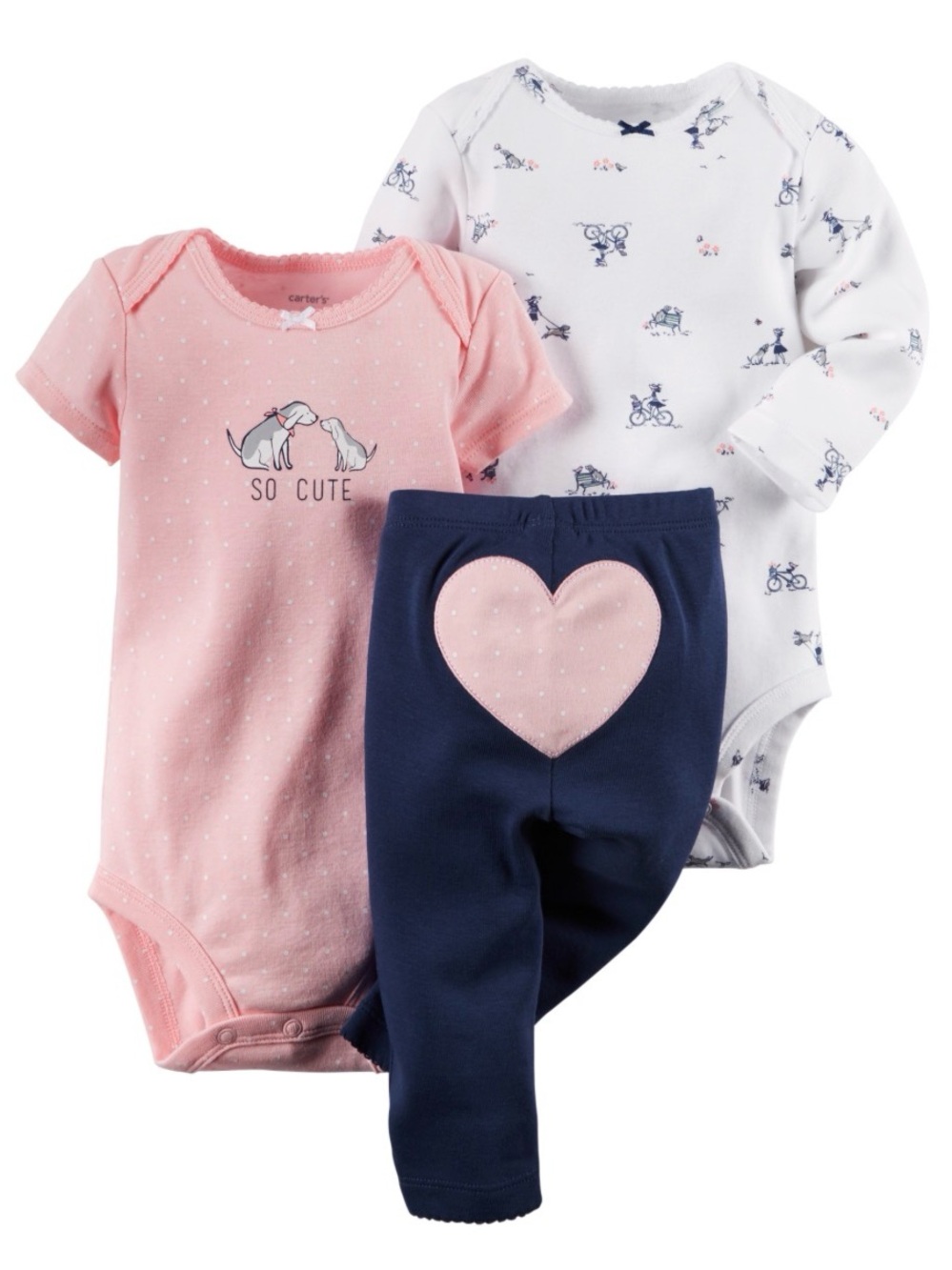 Carter's Baby Girl 3-Piece Long & Short Sleeve Set with Heart Patch Pants